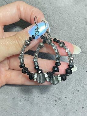 Gunmetal Beaded Hoop Earrings Black Crystal Rondelles Statement
